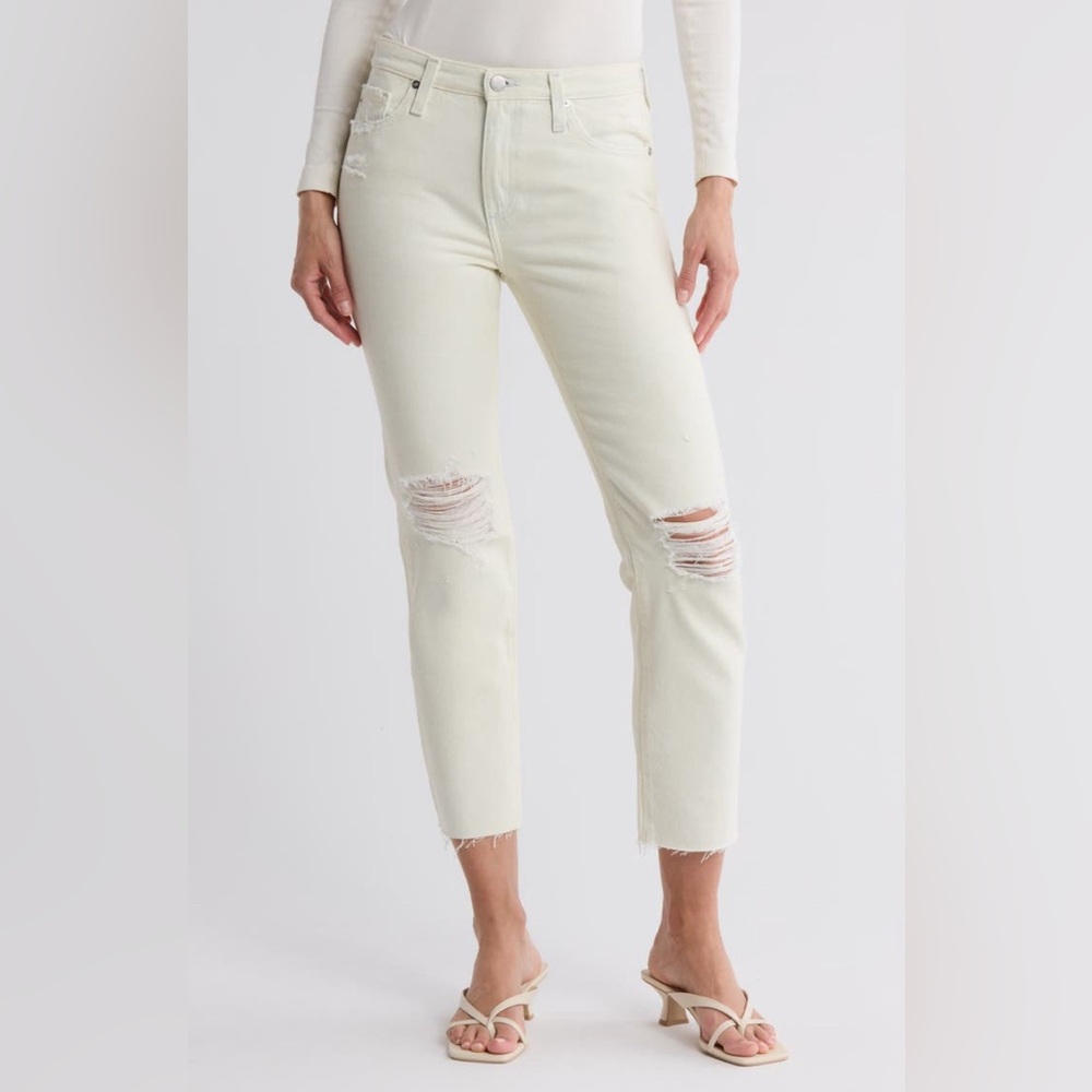 NWT AG Isabelle High Rise Straight Crop Jeans Cream Distressed Raw Hem 26